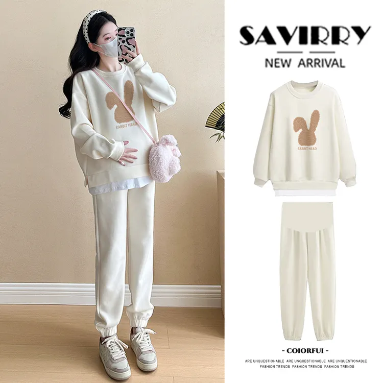 孕妇2026新款春秋弯耳线形兔休闲假两件卫衣＋托腹卫裤外穿两件套商品图