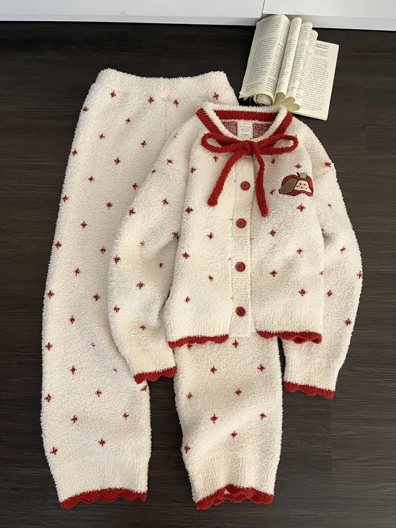 【DMXJ大梦想家】软糯慵懒苹果半边绒睡衣女秋冬季款针织家居服套装