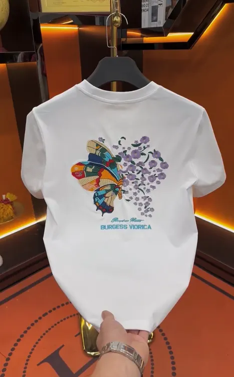 2025夏季新款男士百搭蝴蝶印花短袖T恤上衣修身时尚韩版简约潮流