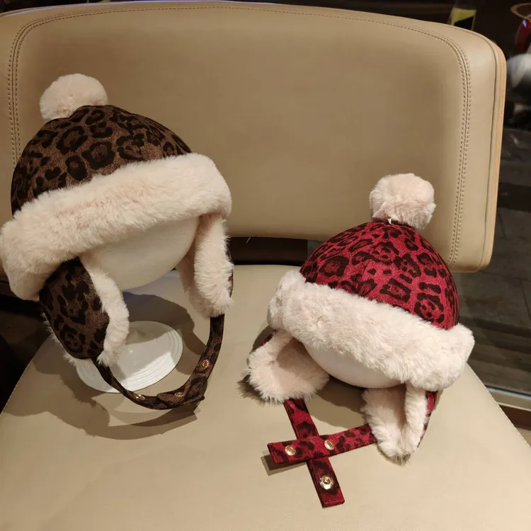 儿童时尚复古豹纹中国风无檐圆顶帽子宝宝加绒加厚冬季防寒雷锋帽