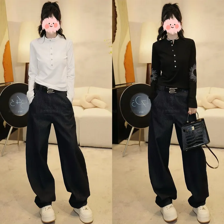 2025早秋新款极简风设计感烫钻防晒长袖上衣宽松显瘦牛仔裤套装女