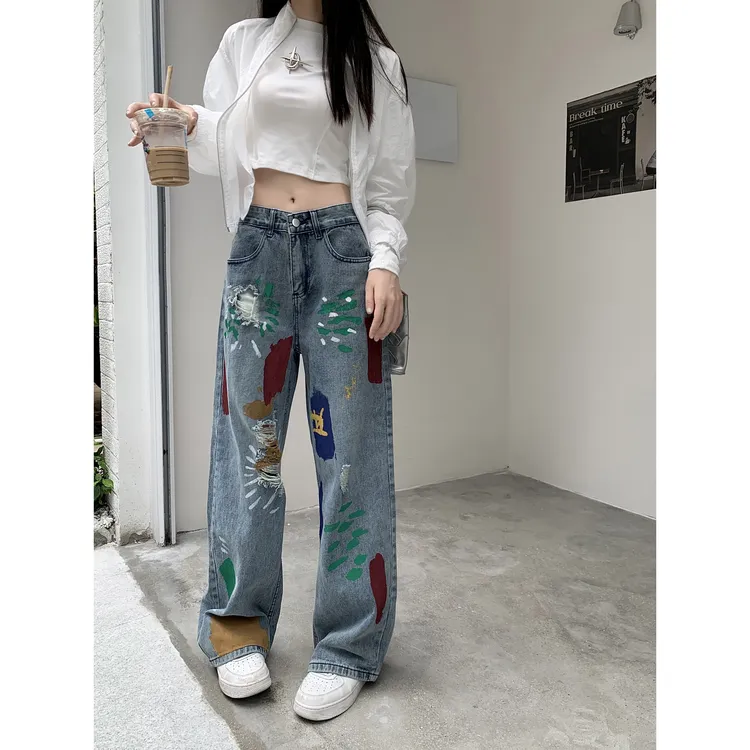 哈尼HONEY彩色晕染涂鸦喷漆破洞牛仔裤女高腰显瘦直筒阔腿拖地裤