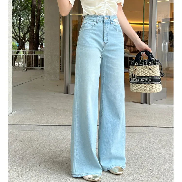KIKI严选：30836-YER家欧货南油夏季贝壳吊坠筒喇裤轻奢蓝色牛仔裤