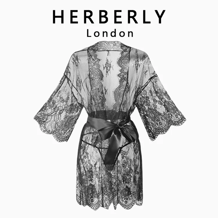 英国 HERBERLY 镂空蕾丝性感睡衣女薄款纯欲风舒适宽松浴袍睡袍秋
