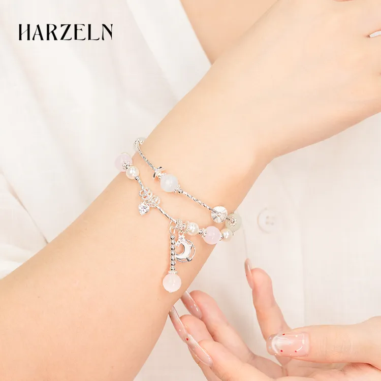 HARZELN夏日轻奢珠珠手链双层女款小众设计手绳首饰高级感坠链