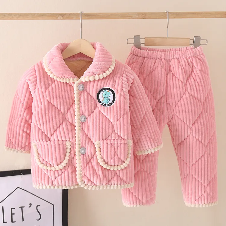 冬季儿童三层夹棉加厚睡衣法兰绒男孩女孩小中童宝家居服套装