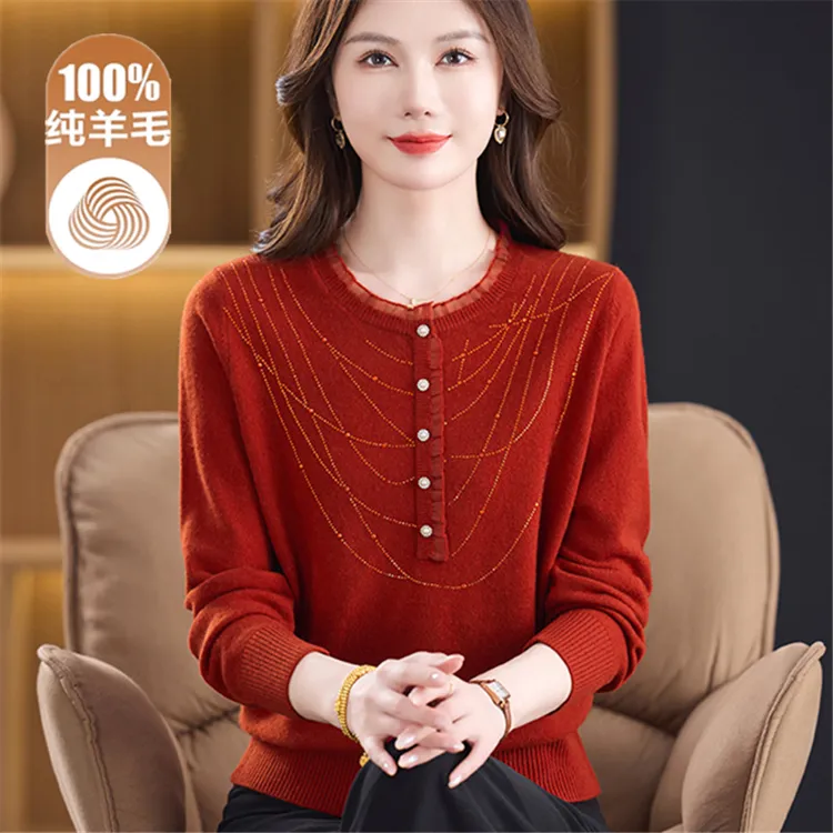 100%纯羊毛衫女妈妈毛衣秋冬新款中老年女装圆领大码烫钻打底衫