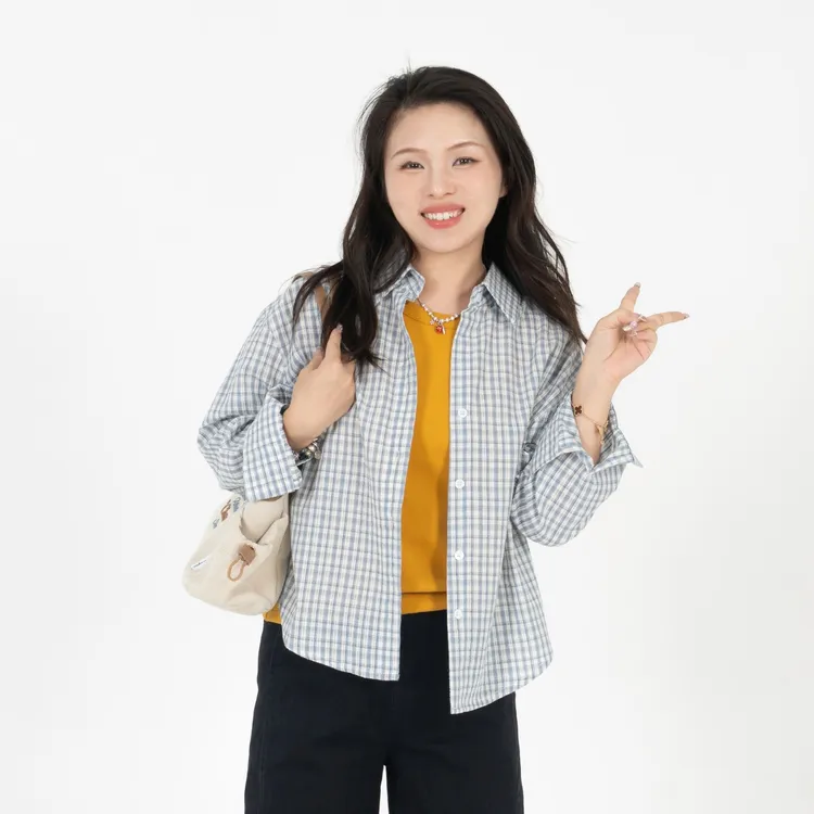 小个子圆圆KM7157肌理全棉休闲格纹衬衫通勤百搭短款新款秋装女