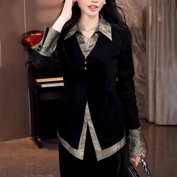 假两件黑色V领丝绒衬衫女士2025秋季新款高级感洋气收腰显瘦上衣