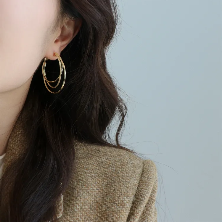 因缺斯汀饰品 铜合金耳饰 【多层大圈】金银交错大圈耳环女百搭耳夹
