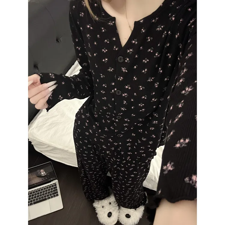 韩系黑色小碎花印花莫代尔睡衣女春秋2025新款长袖长裤套装家居服