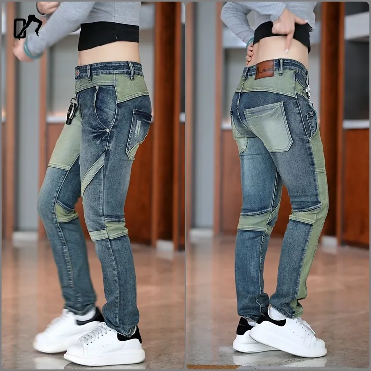 男士拼接撞色弹力小直筒牛仔裤战术机车裤潮牌网红裤修身百搭复古