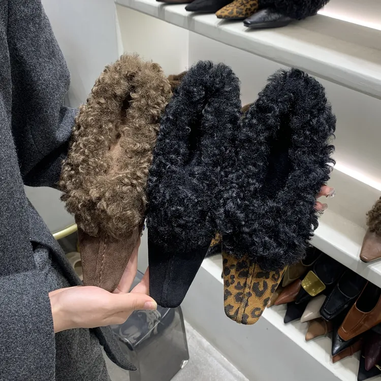 4公分！一脚蹬羊卷毛加绒毛毛鞋冬季爆款乐福鞋厚绒高跟鞋深口棉鞋