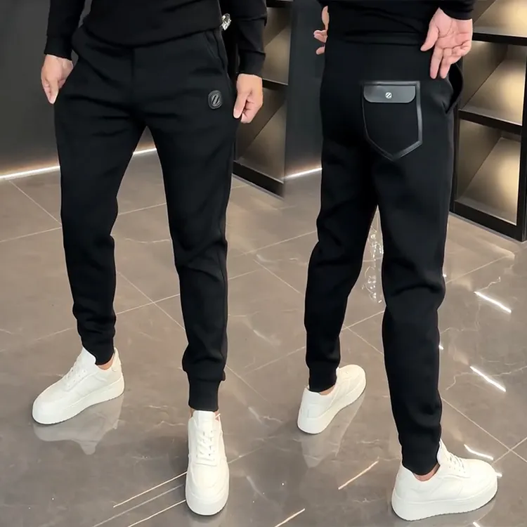 男士秋季新款时尚小脚裤修身运动裤黑色弹力男士男士加绒阔腿卫裤