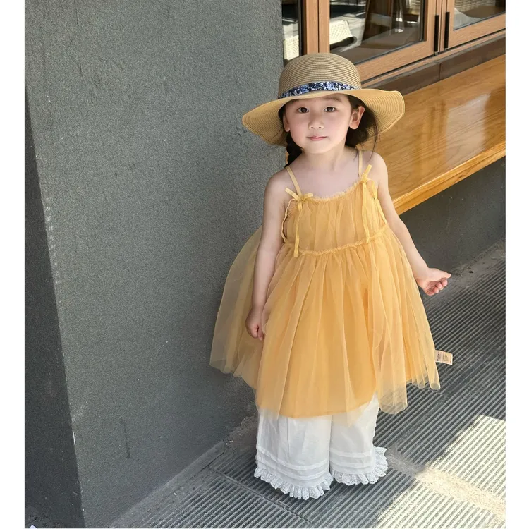 小惜亦女童2025夏季新款韩版夏日出游黄色吊带纱裙花边阔腿裤套装