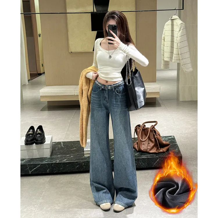 2025冬季新款加绒小香风高腰直筒窄版阔腿牛仔裤女编织绳带设计感