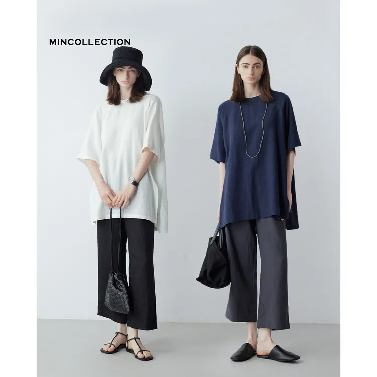 DE Mincollection双色九分裤/凉爽天丝亚麻松紧腰直筒休闲裤55484