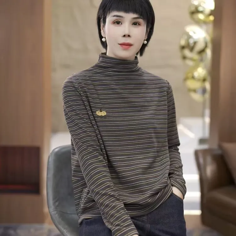【渲渲推荐】XHR-6229秋季休闲条纹南瓜半高领小衫