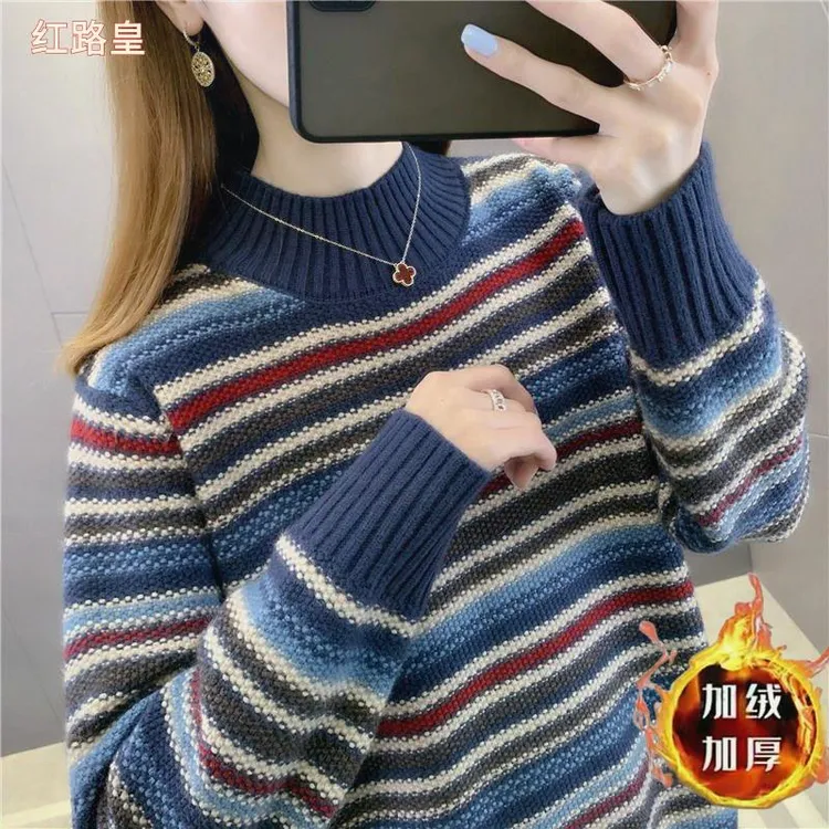 加绒加厚高领套头毛衣女冬季新款时尚条纹针织上衣洋气宽松打底衫