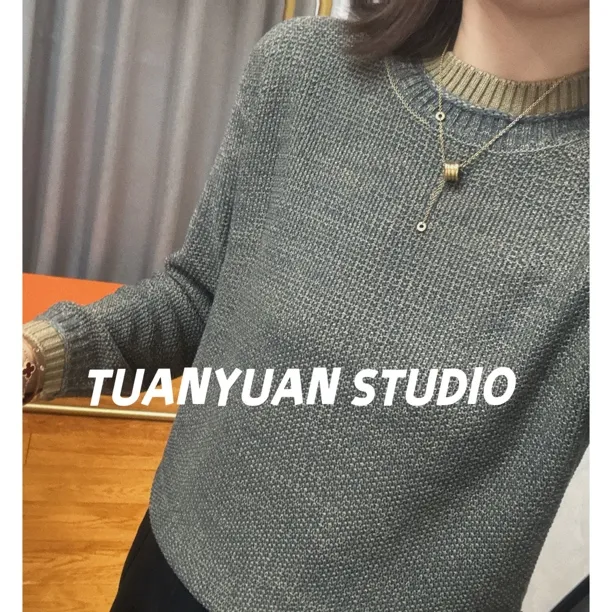 星空棉）圆领假两件套头针织衫秋冬新款遮肚宽松打底休闲百搭上衣