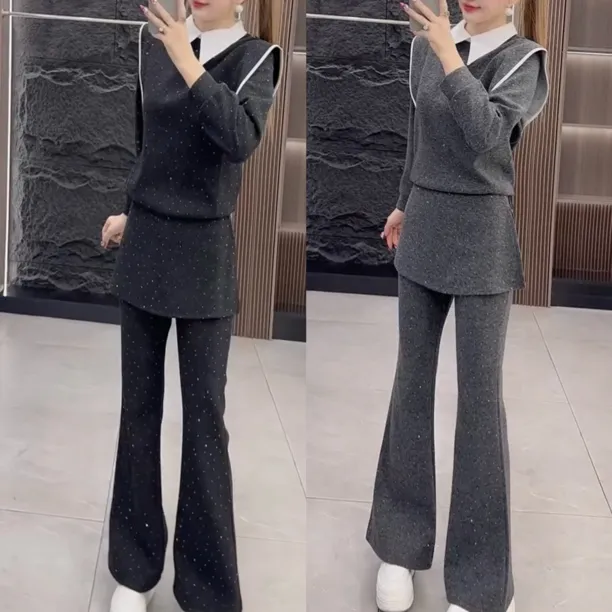 气质满天星烫钻时尚套装翻领荷叶边上衣+围裙微喇裤两件套69239