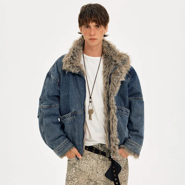 QIUYIDAODI复古解构水洗设计感牛仔棉服男冬季保暖座山雕毛领外套