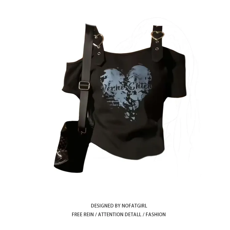 大码胖妹妹甜酷辣妹印花一字肩吊带短袖T恤女夏季露肩小众短上衣