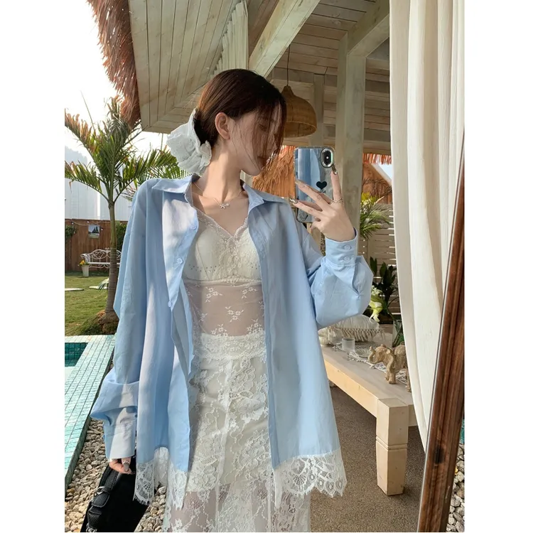 宽松百搭蕾丝拼接长袖衬衫显瘦长款蕾丝半身裙