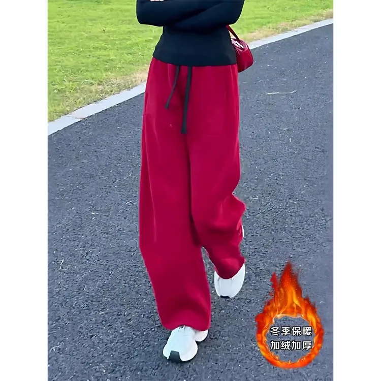 范哲萨秋冬加绒加厚红色阔腿裤女2025新款松紧腰网红洋气炸街女装