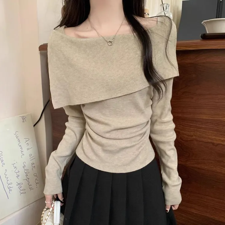 春秋内搭修身设计感一字肩翻领长袖针织衫女甜辣打底毛衣外穿上衣