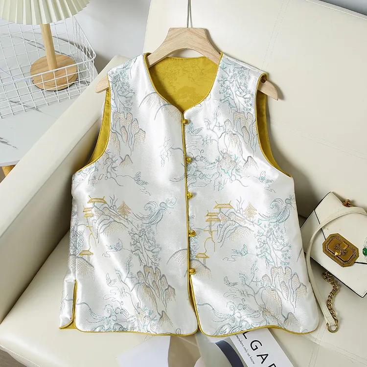 国风两面穿新中式马夹女春2025早春新款时尚提花刺绣圆领唐装上衣