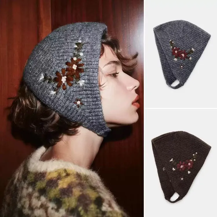 秋季新款女装撞色拼接花朵刺绣针织连耳帽森系复古女款秋冬帽子