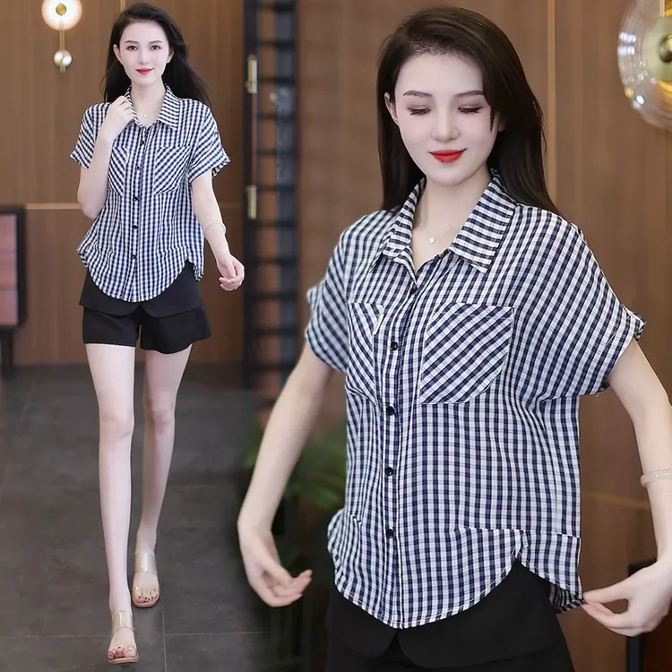 6210夏季薄款冰丝短袖衬衫宽松微胖女装显瘦时尚格子洋气减龄气质
