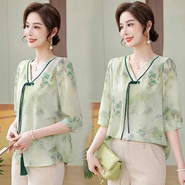 妈妈春装新中式国风雪纺小衫2024新款中老年女士夏季洋气薄款上衣