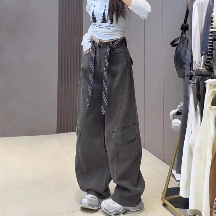 欧货复古绿色工装牛仔裤女2025秋季新款高腰宽松遮跨显瘦阔腿裤子