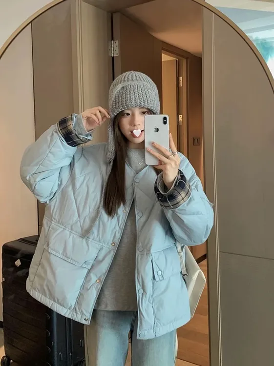 薄款格子常规款圆领常规拼接棉服女宽松型厚款长袖