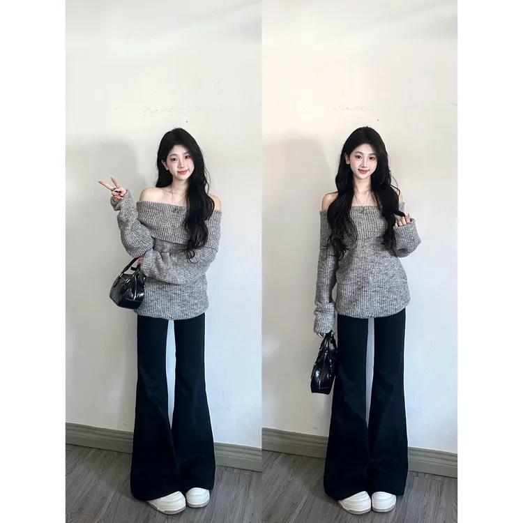 parkyeon秋季新款韩系一字肩针织衫毛衣高腰显瘦微喇牛仔裤套装女