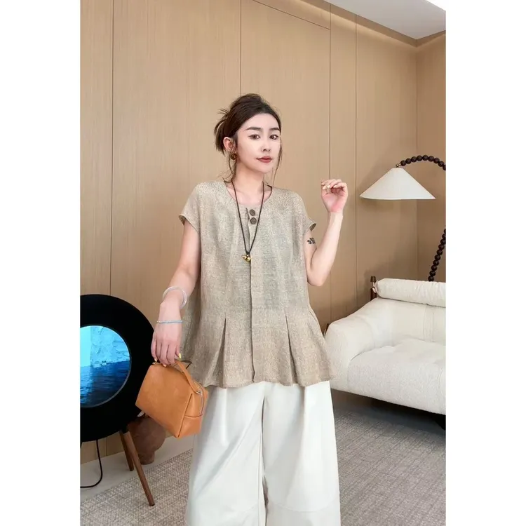 玖了个玖 25夏 极简百搭立体下摆捏褶新中式女士夏上衣 2507C3826