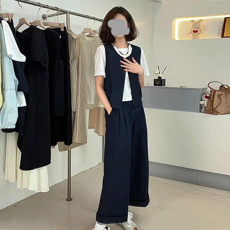 2025夏季新款森系穿搭小个子高级感马甲短袖T恤阔腿裤三件套装女