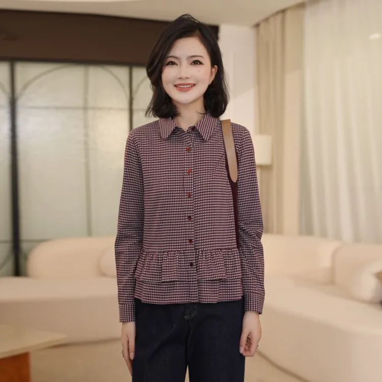 枫竺阿楠anan休闲百搭翻领格纹荷叶边下摆长袖衬衫女秋短款上衣
