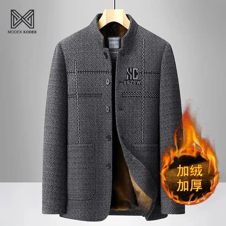 MODEK KODEK中老年男士加绒外套2025年秋冬新款保暖加厚毛呢夹克