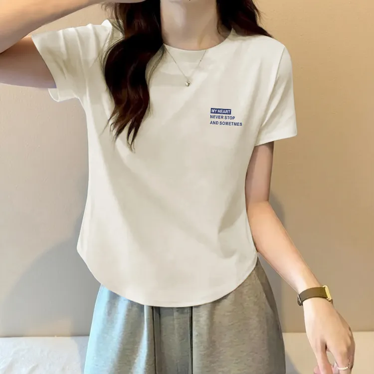 2025新款短袖t恤女罗纹棉夏季下摆弧形圆弧微胖女青年正肩上衣