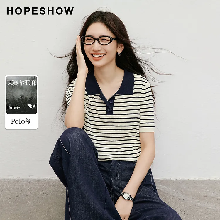 红袖2025秋新款女装  条纹撞色POLO领正肩短袖针织衫90125230101