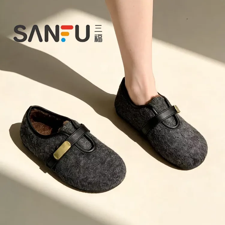 三福平底加绒豆豆勃肯鞋女款2025新款秋冬季一脚蹬保暖乐福棉鞋子
