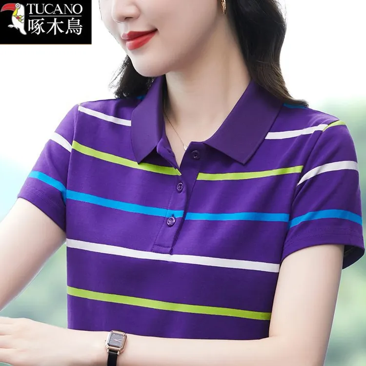 啄木鸟夏季女士减龄显瘦短袖t恤2025年新款韩版百搭翻领条纹上衣