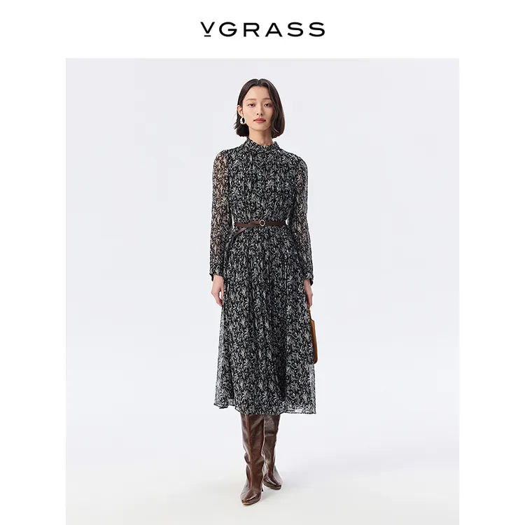 测试裙子百褶裙印花碎花VGRASS四季长裙长袖连衣裙