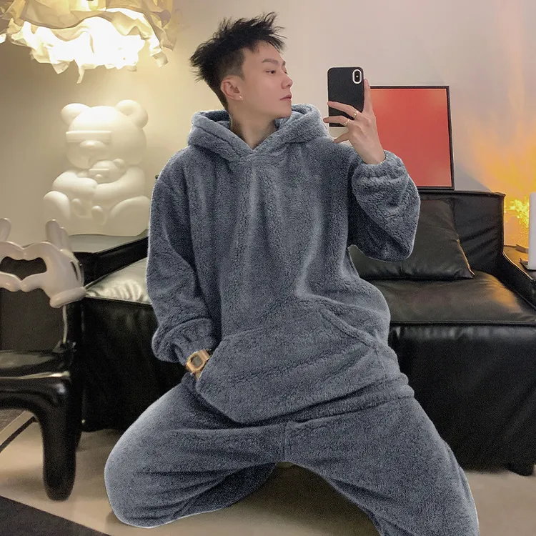 加厚加绒睡衣男秋冬季套头连帽法兰绒可外穿休闲家居服珊瑚绒套装