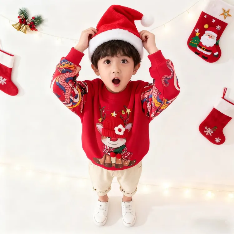 冬季加绒儿童卫衣冬款红色圣诞儿童衣服女孩拜年衣服女童本命年
