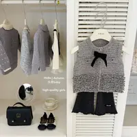 【乐恩童装】原创设计秋冬女童灰色小香风马甲木耳边喇叭裤两件套