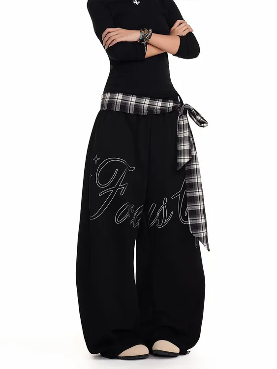 美式慵懒字母印花格子绑带休闲裤男女宽松复古休闲百搭爵士舞裤子